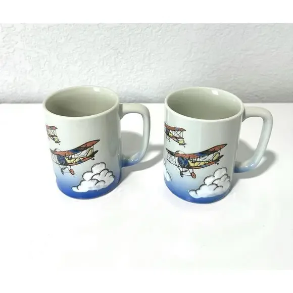 Vintage Otagiri Coffee Mugs Ceramic Biplane Design Clouds Collectible Set of 2 - Picture 4 of 9
